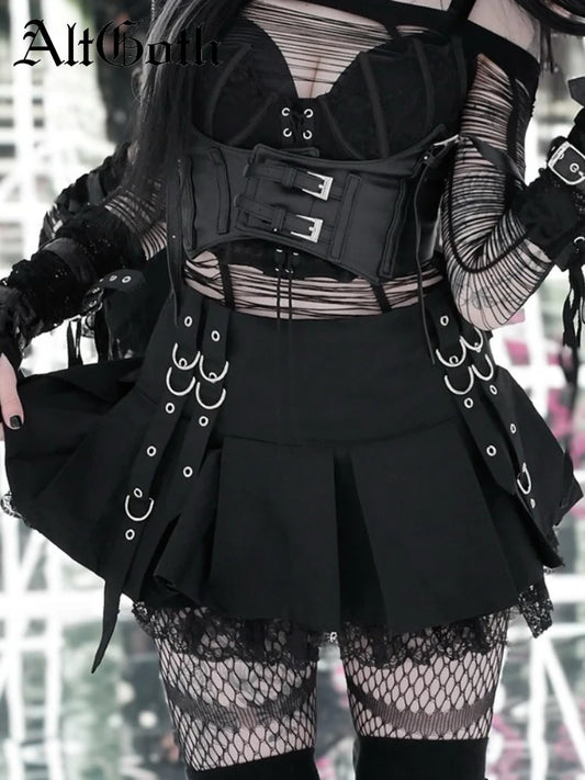 Y2k E-girl Gothic Skirt Women Cyber Punk Streetwear Emo Alternative Grunge Eyelet Lace Patchwork Pleated Skirt