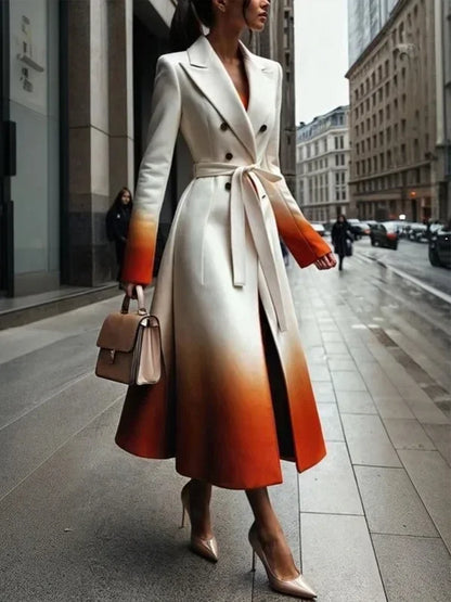 Warm Woolen Coats Long Sleeves Tied Waist Notched Collar Elegant Outerwear