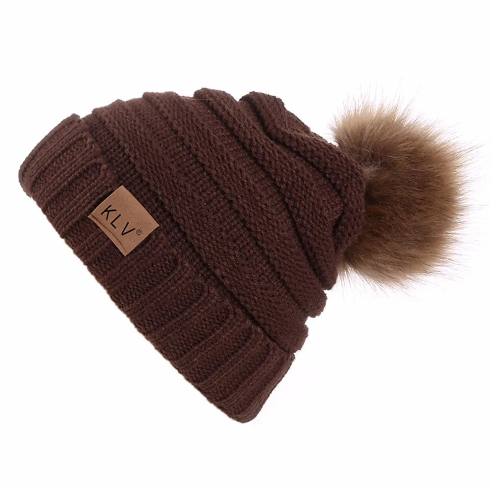 Cute Print Embroidery Beanies For Women Men Winter Wool Warm Fur Pompom