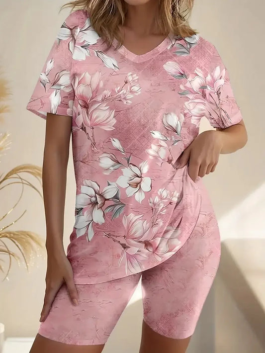 Women's Fashion Floral Print Two Piece Set Outfit Ladies Casual Short Sleeve Crew Neck T-Shirt & Shorts Outfit