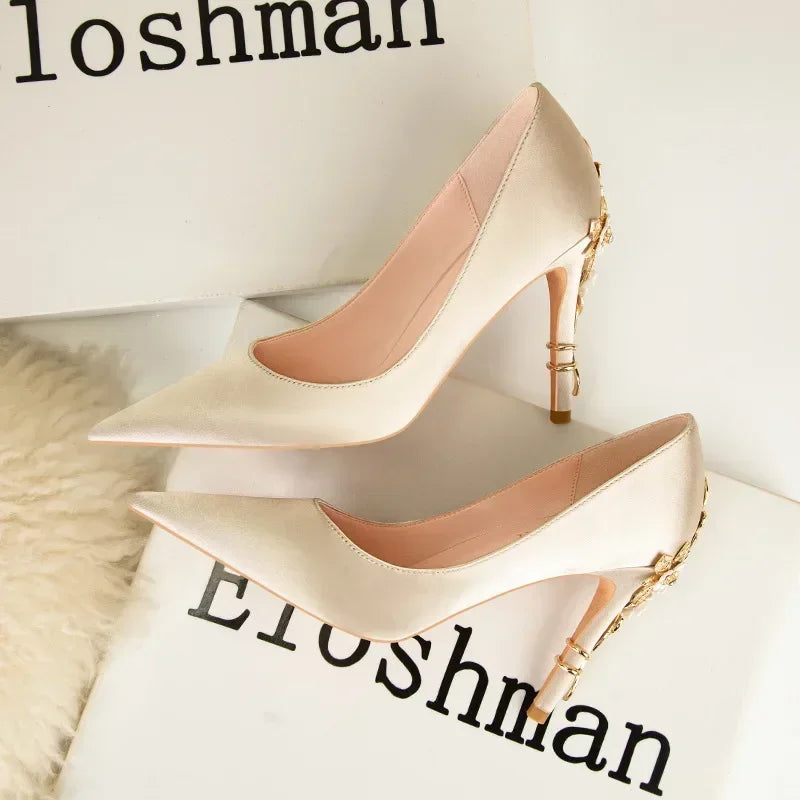 Women's Metal Flowers Stiletto High-heel Shoes Female  Light Luxury Wedding Shoes Pointed Toe