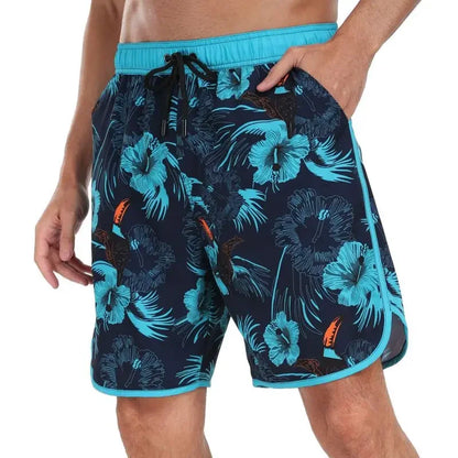 Men's Drawstring Printed Swimsuit Men Quick Dry Beach Trunks with Pockets and Lining