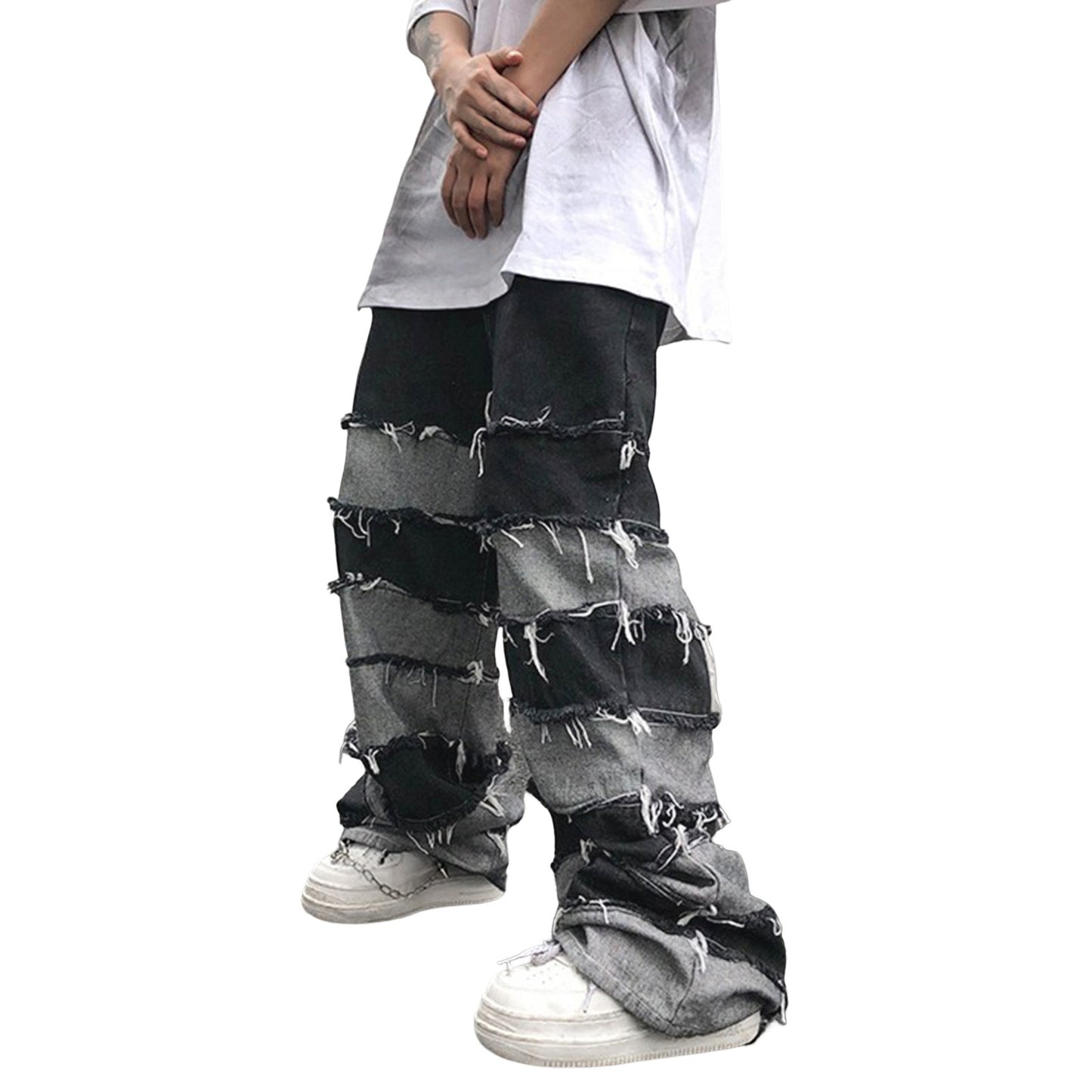 Tassel Jeans Men's Patchwork Wide Leg Hip Hop Loose Denim Baggy Ripped Distressed