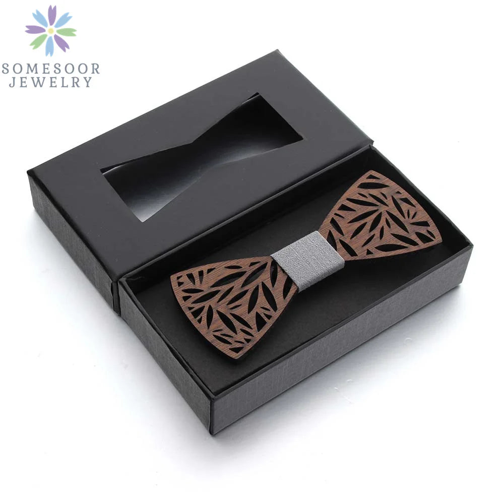 Dark Leaf Hollow Floral Wooden Bowtie For Men Wedding Suit Geometric Carved Wood Neck Ties Unisex