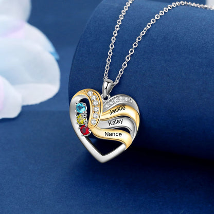 Personalized Love Heart Pendants Necklace 1-5 Kids Names Birthstone Mothers Day