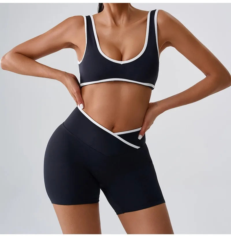 Seamless Yoga Sets Sports Fitness cross waist  Waist Hip-lifting Shorts Bra Suit