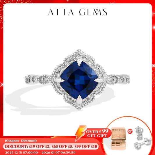 ATTAGEMS Classical Blue Sapphire Ring Cushion Cut 2.0ct DVVS1 Real 925 Sterling Silver For Women Engagement Wedding Fine Jewelry