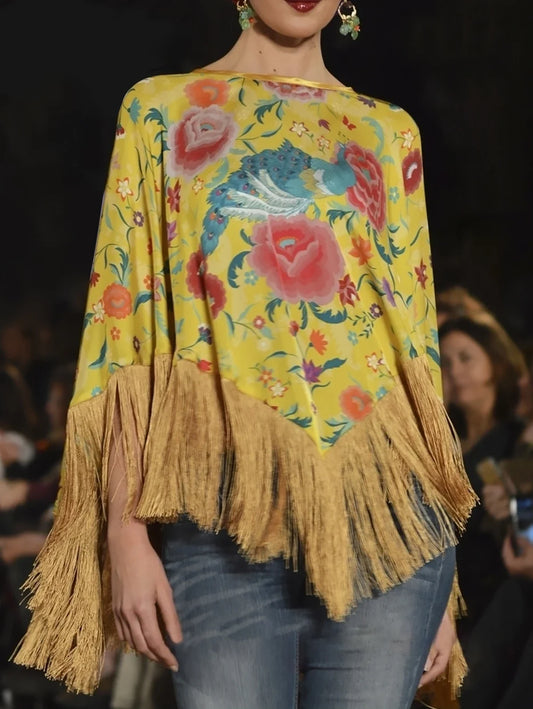 Bohemian T-shirt Fashion Flower Top with Irregular Spliced Tassel Hem 3/4 Sleeve Pullover