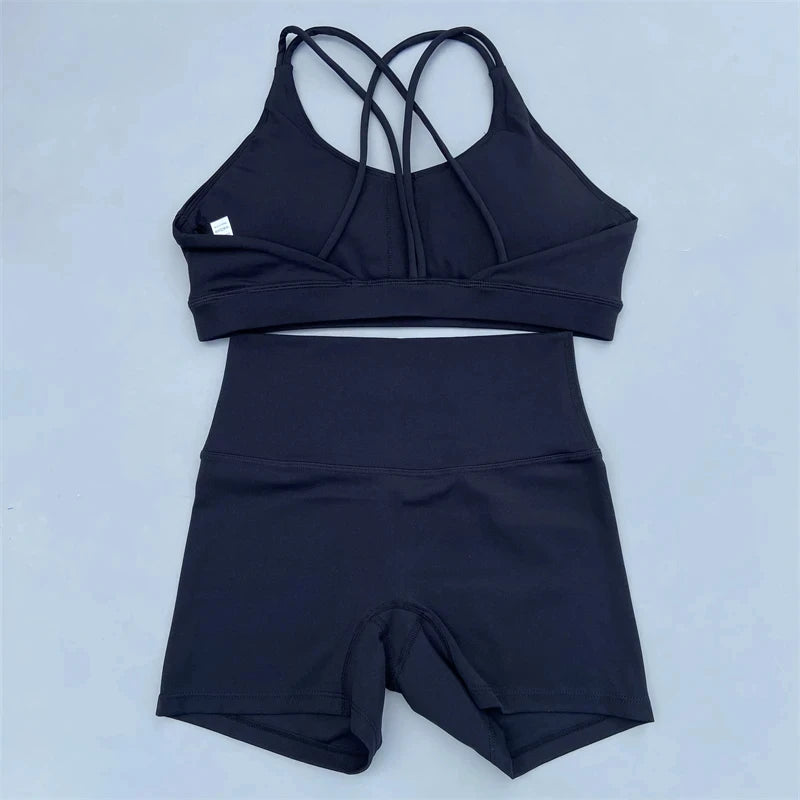Solid Color Gym Bike Yoga Set Short Legging +Cross Sport Bra Tracksuit Athletic Women Gym Suit Comprehensive Training Jogging