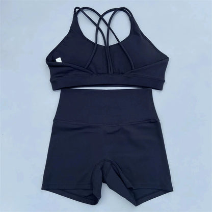 Solid Color Gym Bike Yoga Set Short Legging +Cross Sport Bra Tracksuit Athletic Women Gym Suit Comprehensive Training Jogging