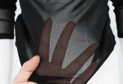 Black Mesh Transparent Slim T-shirts O-Neck Long Sleeve Super Stretch Mesh