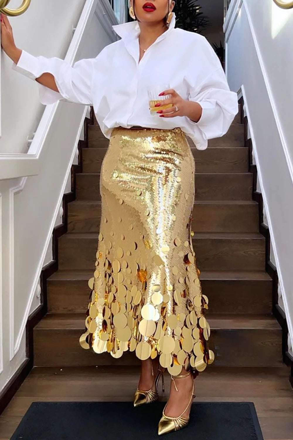 Women's Plus Size Formal Skirts Elegant Gold Long Sequin Party Club Evening