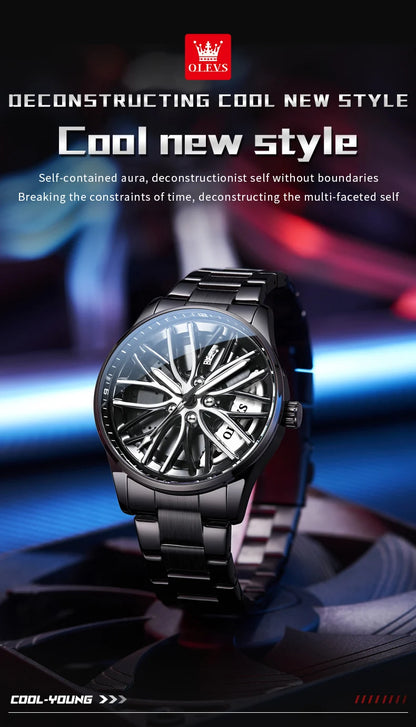 Mens Watch Original Rotatable Wheel Hub Dial Fashion Trend Quartz Watch Waterproof Luminous