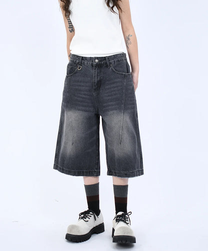 Women's Gothic Black Casual Cargo Denim Shorts Y2K Harajuku High Street American Fashion Retro Wide Leg Jeans Seven-Foot Clothes