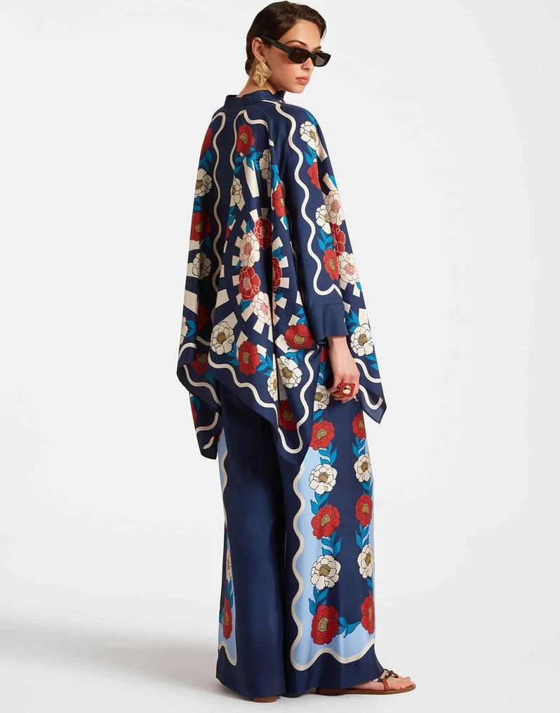 Vintage Print Pants Sets Women Irregular Loose Long Sleeve Shirt Wide Leg Trousers Two Piece Set Female Fashion Trend Streetwear