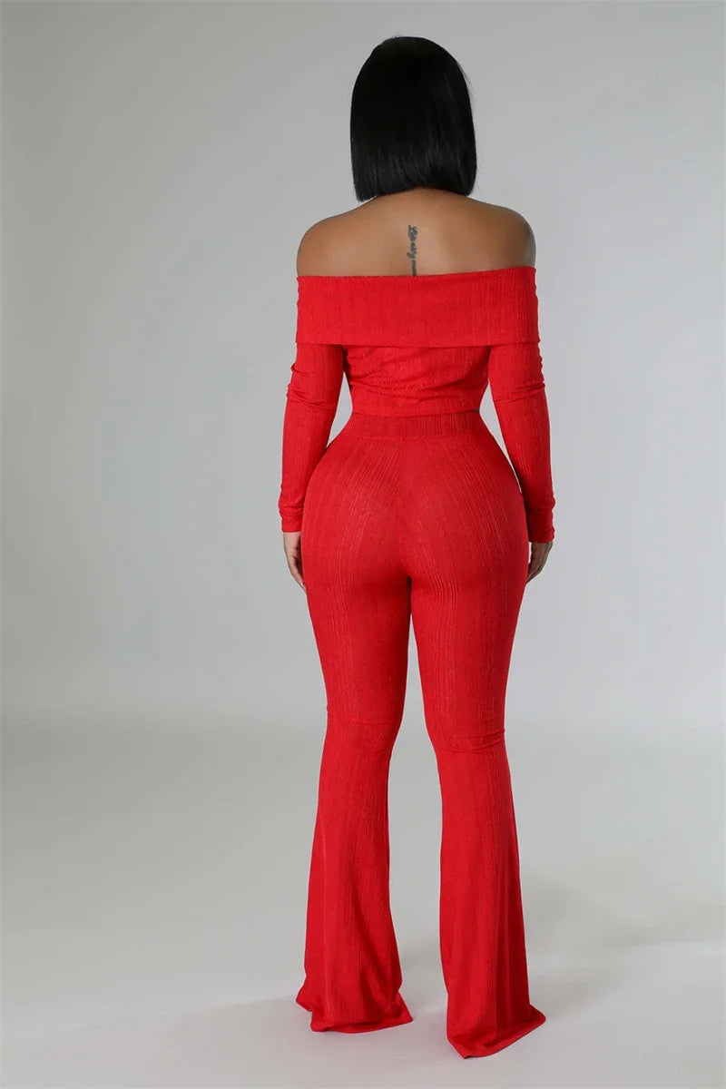 Knitted Two Piece Set Off Shoulder Slash Neck Crop Top and Flare Pants Set