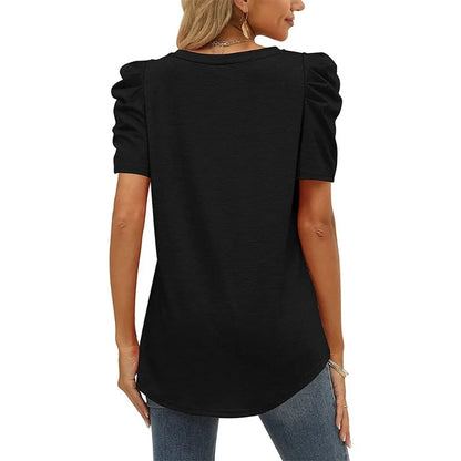 Women's Casual Summer Top Puff Short Sleeve Tee Shirt Cotton Pullover Blouse V-neck Solid Color Loose