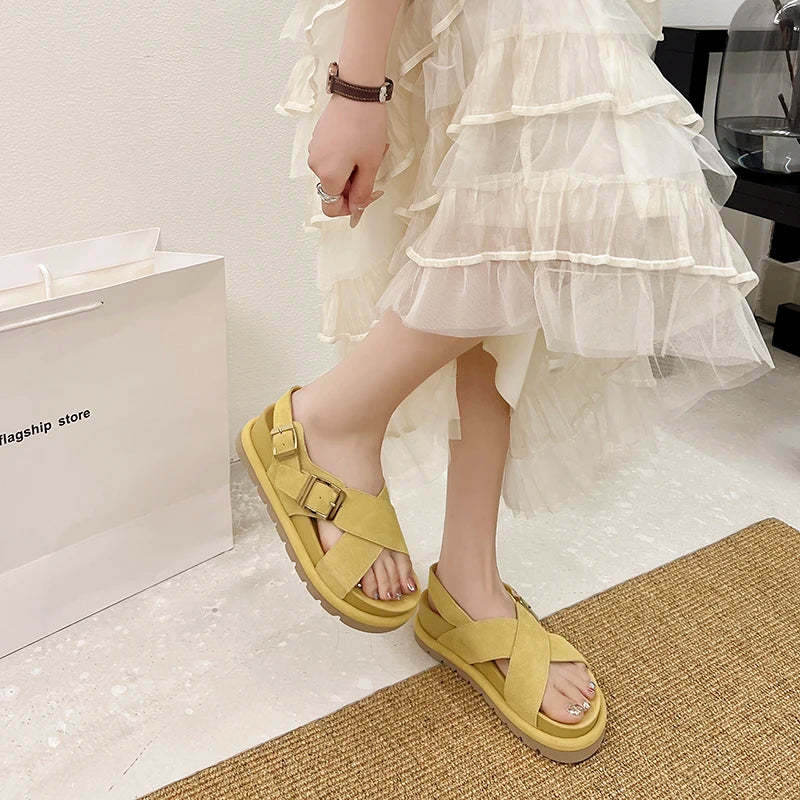 Genuine Leather Cross Strap Roman Sandals Casual Comfortable Women's Platform
