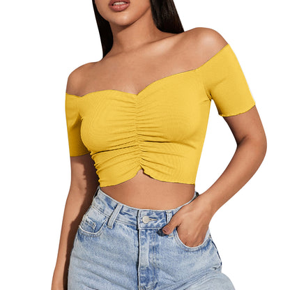 Off Shoulder Pleated Shirt Crop Tops Casual Black T-shirt V Neck