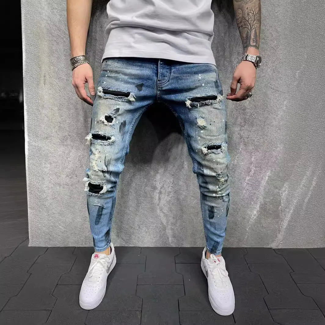 Slim Jeans Men's Paint Ripped Stitching Skinny Denim Casual Hollow Out Zipper