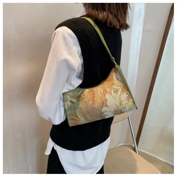 Women's Underarm Bags Autumn 2023 Trendy New Oil Painting Shoulder Bag Cute Simple Handbags and Purses Female Travel Small Totes