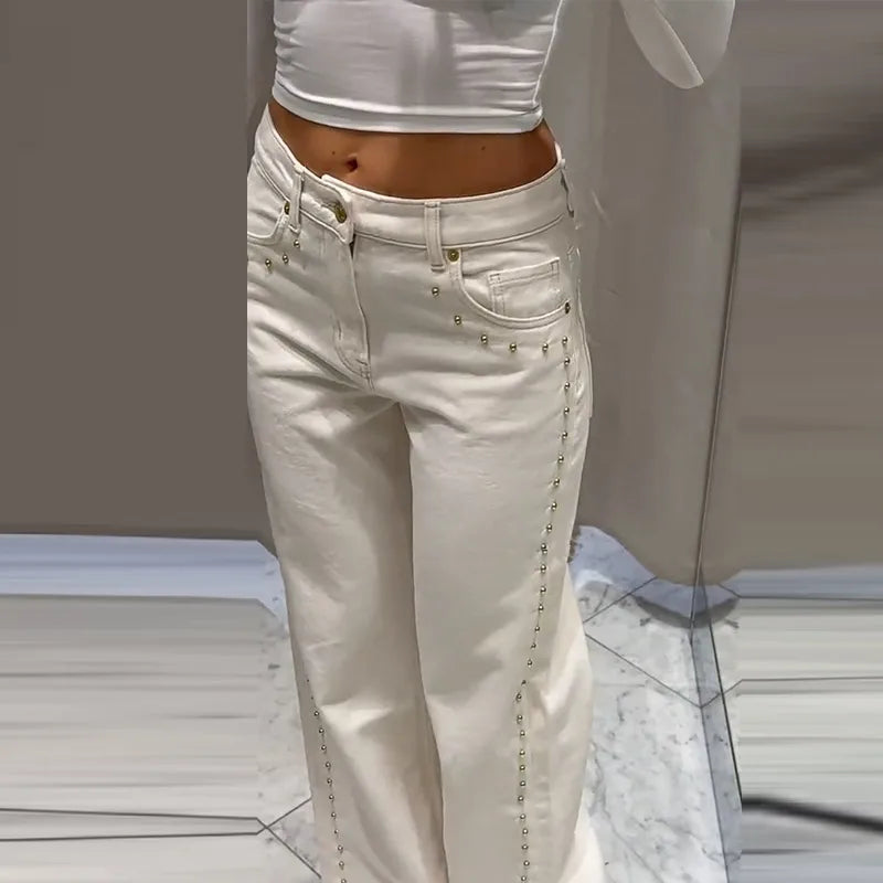 Metal Rivet Wide Leg Jeans Trousers Baggy Low Rise Pockets Denim