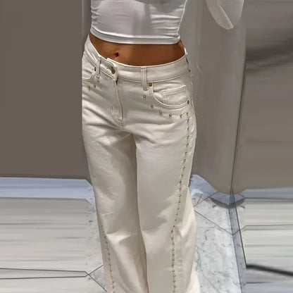 Metal Rivet Wide Leg Jeans Trousers Baggy Low Rise Pockets Denim