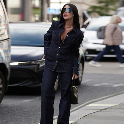 Street Denim Shirt Set Women Lapel Waist Up Long Sleeve Single Breasted Pocket Jacket Lady Jean Outfit set / M set / L pant / L set / M-set / L-pant / L-set / S-pant / S-pant / M-top / M-top / L-top / S-