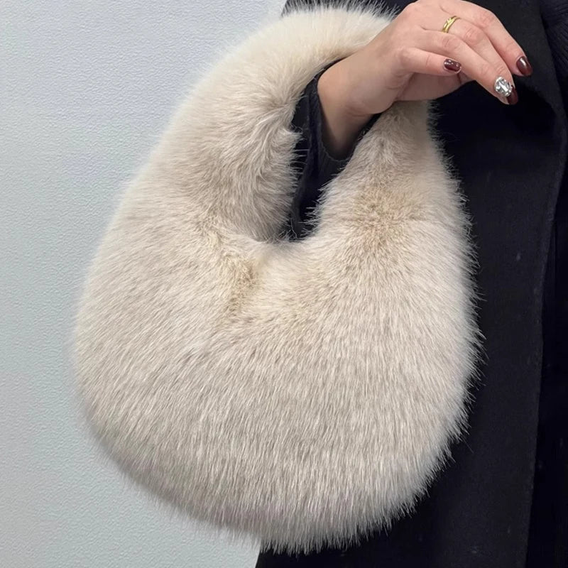 Soft Plush Half Moon Bags for Women Designer Fluffy Faux Fur Lady Handbags Luxury Small Tote