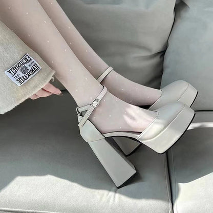 Super-high Heel Thick Heel Shoes Platform Sandal Elegant Round Toe White Heels BEIGE / 35 / United States BLACK / 40 / United States 