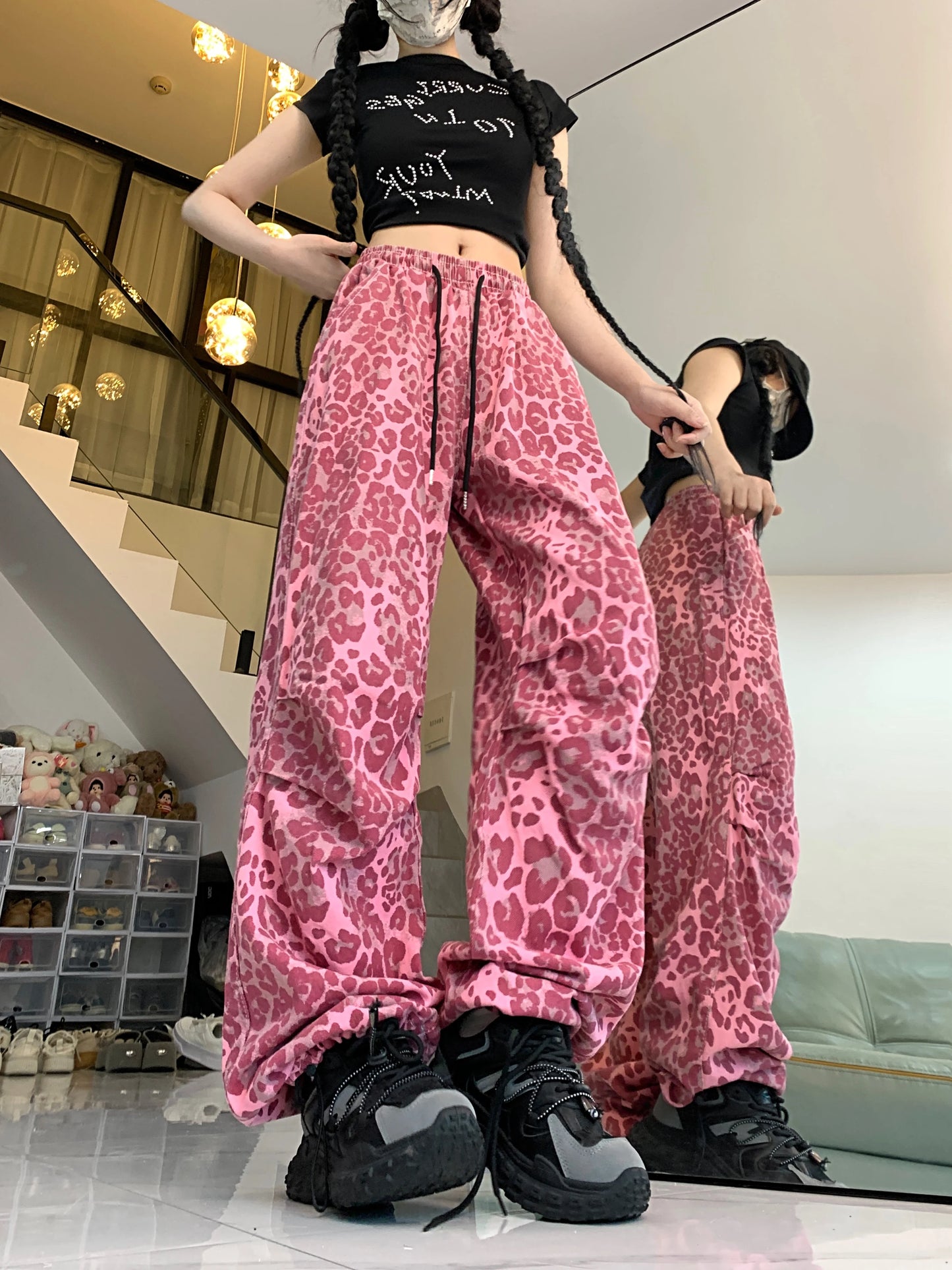 Women's Red Leopard Pants Jogger Harajuku Streetwear Sweatpants Loose Pants Y2k Retro 2000s Aesthetic Vintage Trousers Clothes
