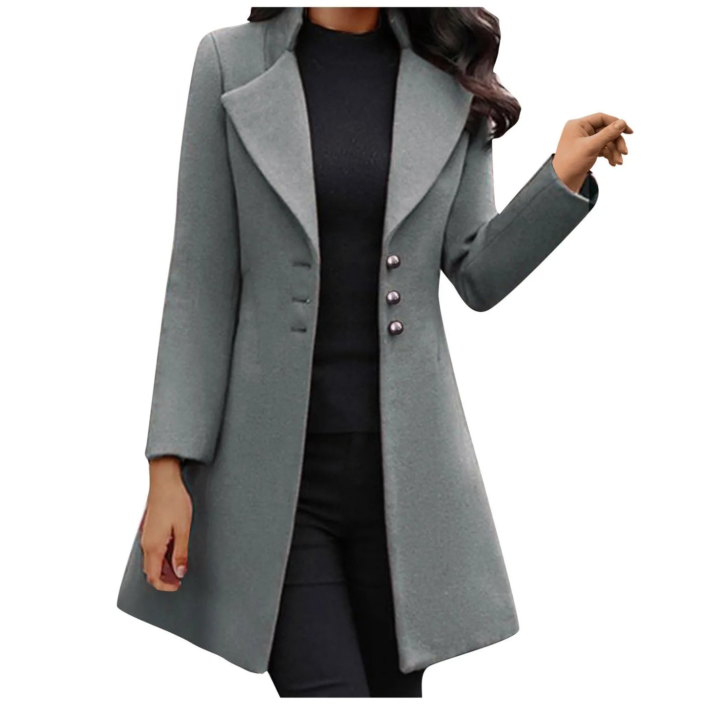 Womens Lapel Trench Coat Winter Wool Blend Mid Long Outwear Fleece Jacket Solid Color Elegant