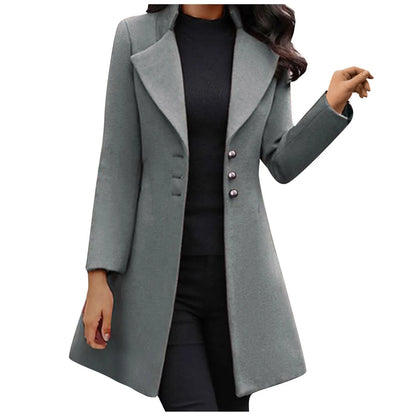 Womens Lapel Trench Coat Winter Wool Blend Mid Long Outwear Fleece Jacket Solid Color Elegant