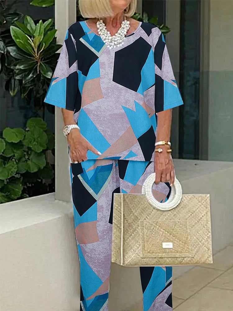 plus Size 2025 Women's Short Sleeve Pleated Suit Irregular Patterned Shirt Wide Leg Pants 2 Piece Fashion Sweatshirt Set
