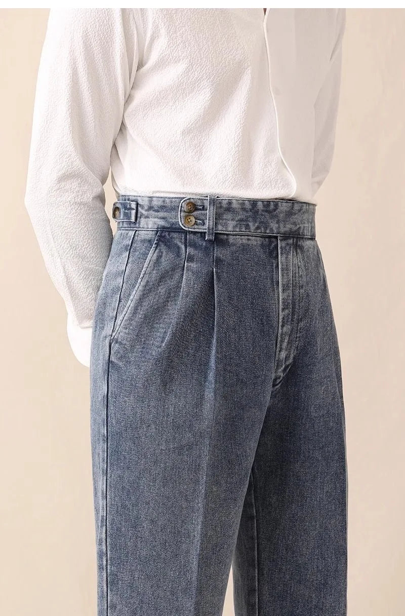 Men Naples Jeans British Styles Waist Buckle Casual Denim Pants