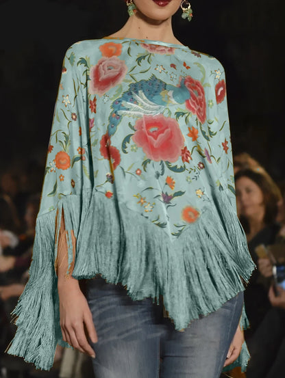 Bohemian T-shirt Fashion Flower Top with Irregular Spliced Tassel Hem 3/4 Sleeve Pullover