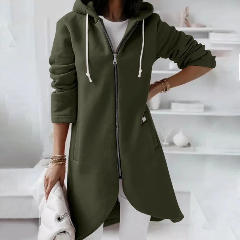 Autumn Women Long Hoodies Coat Zip Up Solid Hooded Casual Pockets Long Jackets