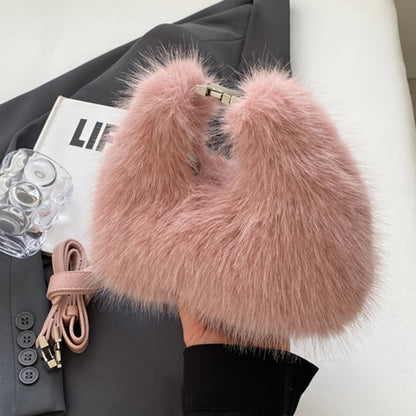 Women Faux Fur Shoulder Bag Adjustable Strap Fluffy Crossbody Bag Solid Color Clutch Purse Hobo Bag for Travel Party