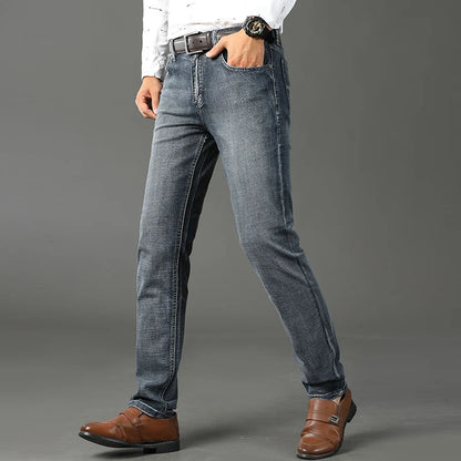 Men Classic Jeans Straight Regular Blue Stretch Denim Trousers Men's