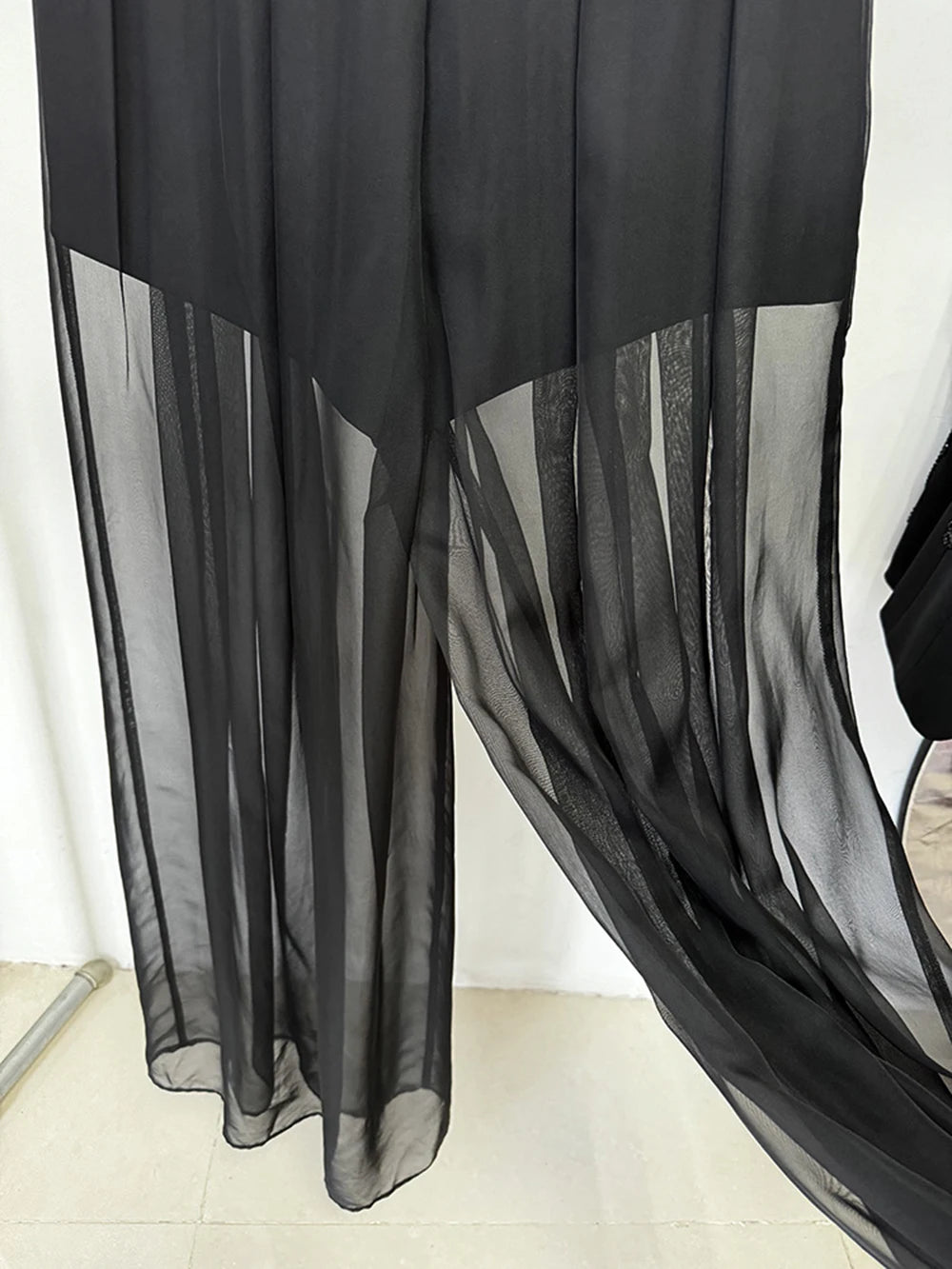 Women's Mesh Splicing Bead Sequin Blazer Wide legs Chiffon Pants Set Suit