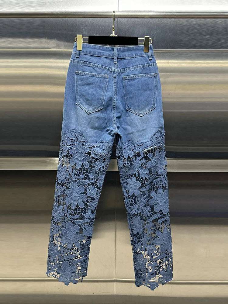 VGH Casual Hollow Out Spliced Lace Solid Jeans For Women High Waist Patchwork Pockets Minimalist Loose Wide Leg Pants Female New blue / XXXL blue / XXL blue / XL blue / XXXL-blue / XXL-blue / XL-blue / L-blue / M-blue / S-