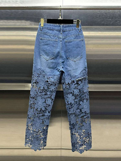 VGH Casual Hollow Out Spliced Lace Solid Jeans For Women High Waist Patchwork Pockets Minimalist Loose Wide Leg Pants Female New blue / XXXL blue / XXL blue / XL blue / XXXL-blue / XXL-blue / XL-blue / L-blue / M-blue / S-