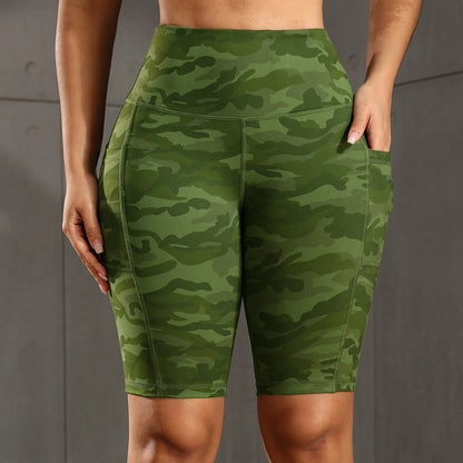 Solid Yoga Shorts with 3 Pockets High Waist Butt Lifting Elastic Cycling Shorts Activewear