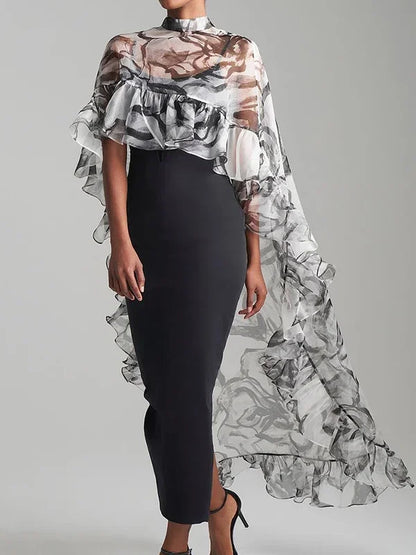 Women's Printed See-through Sun Protection Shawl Top Stand Collar Loose Fit Ruffled