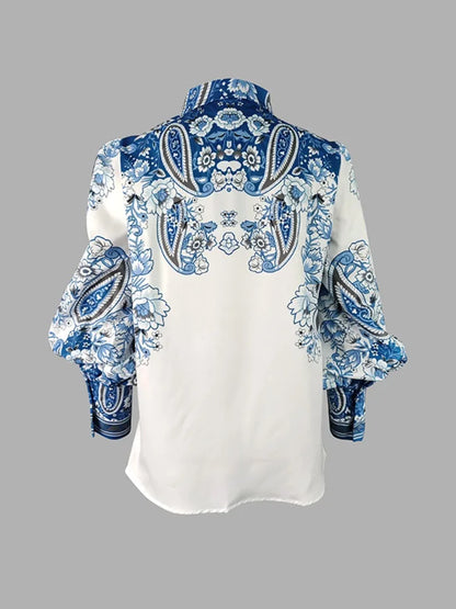 Blue Floral Printed Lapel Shirts For Women Long Puff Sleeves Urban Casual Elegant Blouse