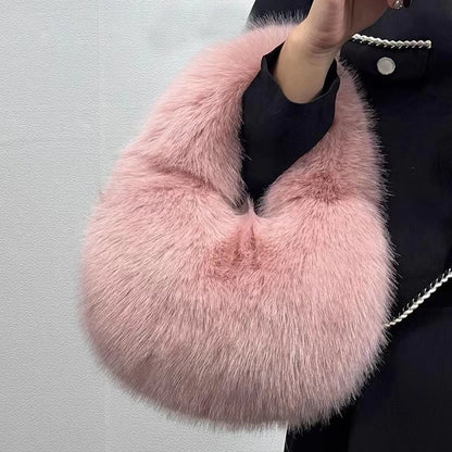 Soft Plush Half Moon Bags for Women Designer Fluffy Faux Fur Lady Handbags Luxury Small Tote