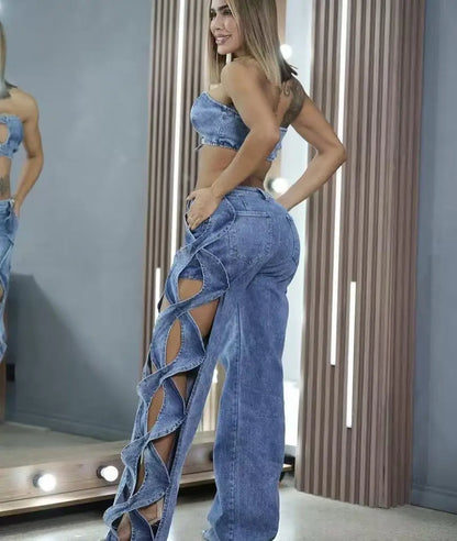 Women Streetwear Cutout Hollow Out Criss Cross Side Wide Leg  Blue Denim Pants