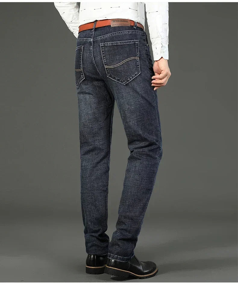 Men Classic Jeans Straight Regular Blue Stretch Denim Trousers Men's