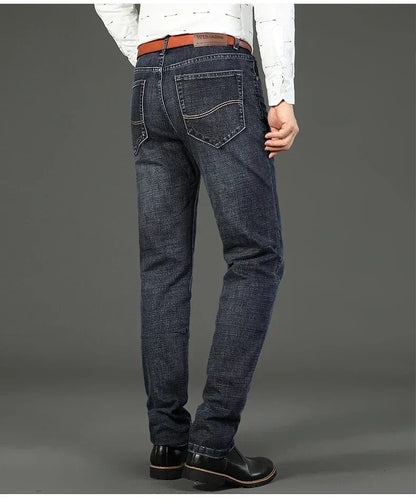 Men Classic Jeans Straight Regular Blue Stretch Denim Trousers Men's