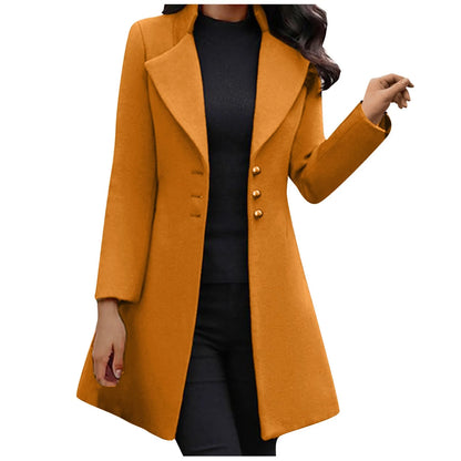 Womens Lapel Trench Coat Winter Wool Blend Mid Long Outwear Fleece Jacket Solid Color Elegant